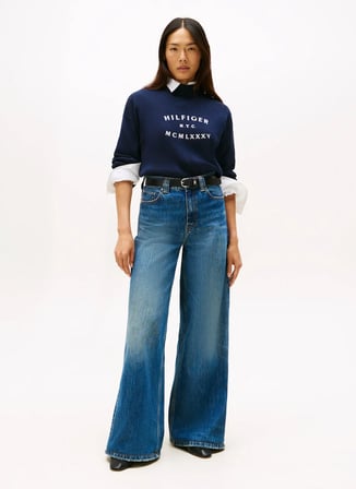 Tommy Hilfiger Mavi Kadın Dik Yaka Standart Baskılı Kazak WW0WW46779C1G