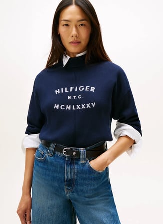 Tommy Hilfiger Mavi Kadın Dik Yaka Standart Baskılı Kazak WW0WW46779C1G