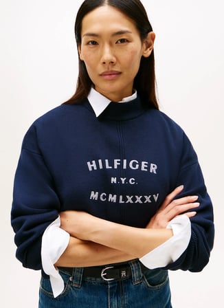 Tommy Hilfiger Mavi Kadın Dik Yaka Standart Baskılı Kazak WW0WW46779C1G