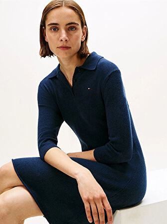 Tommy Hilfiger Yün Kaşmir Karışımlı Saç Örgülü Yarım Balıkçı Yaka Uzun Kollu Kadın Mavi Elbise WW0WW46430C1G