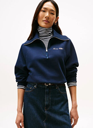 Tommy Hilfiger Fermuarlı Yaka Baskılı Mavi Kadın Sweatshırt WW0WW46632C1G
