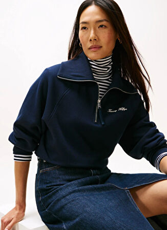 Tommy Hilfiger Fermuarlı Yaka Baskılı Mavi Kadın Sweatshırt WW0WW46632C1G