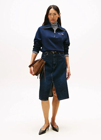 Tommy Hilfiger Fermuarlı Yaka Baskılı Mavi Kadın Sweatshırt WW0WW46632C1G