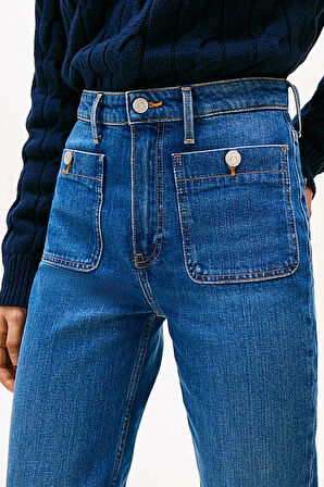 Kadın Bootcut Fit Yüksek Bel Düğmeli Yama Cepli Jean Pantolon - Mavi | 26/30