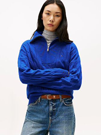 Tommy Hilfiger Yumuşak Yün Saç Örgülü Yarım Fermuarlı Uzun Kollu Kadın Mavi Kazak WW0WW46425C65