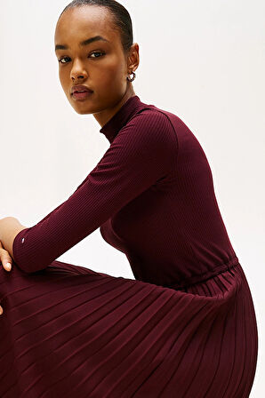 Kadın Fitilli Beli Büzgülü Eteği Piliseli Midi Elbise - Bordo | M