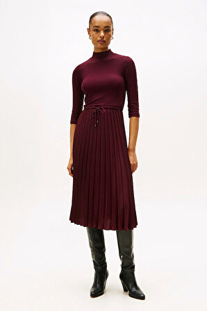 Kadın Fitilli Beli Büzgülü Eteği Piliseli Midi Elbise - Bordo | L