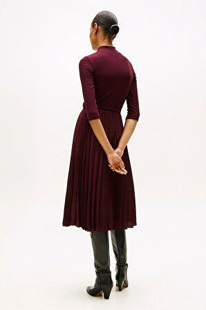 Kadın Fitilli Beli Büzgülü Eteği Piliseli Midi Elbise - Bordo | L