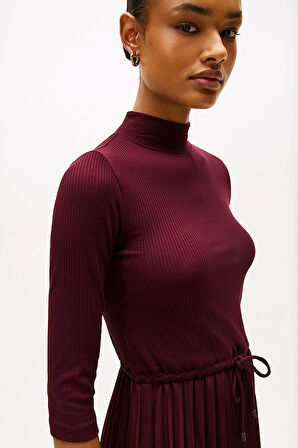 Kadın Fitilli Beli Büzgülü Eteği Piliseli Midi Elbise - Bordo | L