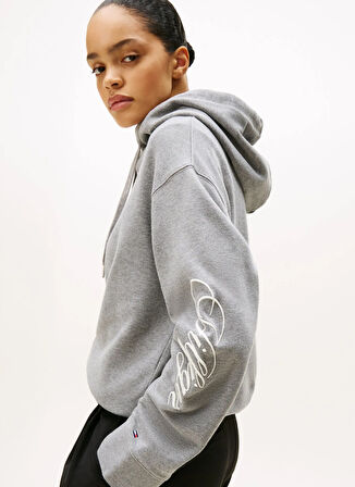 Tommy Hilfiger Kapüşon Yaka Baskılı Gri Kadın Sweatshırt WW0WW46127P61