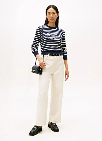 Tommy Hilfiger Pamuklu Penye Grafik Baskılı Bisiklet Yaka Uzun Kollu Kadın Mavi Kazak WW0WW473040BI