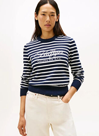 Tommy Hilfiger Pamuklu Penye Grafik Baskılı Bisiklet Yaka Uzun Kollu Kadın Mavi Kazak WW0WW473040BI