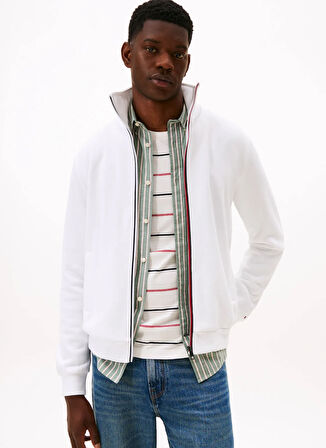 Tommy Hilfiger Dik Yaka Beyaz Erkek Sweatshırt MW0MW40481YBR_GLOBAL STRIPE ZIP THR
