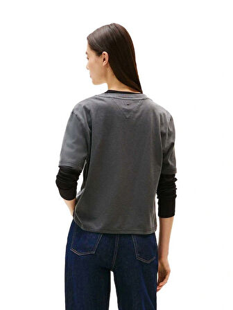 Tommy Hilfiger TJW Kutu Kesim Leopar Desenli Kolej Stili Kadın Siyah T-shirt DW0DW21957BDS