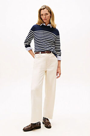 Kadın Regular Fit Omuzu Gold Düğmeli Çizgili Triko Kazak - Lacivert | M