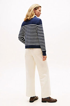 Kadın Regular Fit Omuzu Gold Düğmeli Çizgili Triko Kazak - Lacivert | M