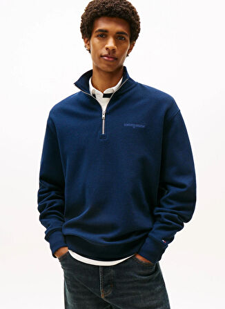 Tommy Jeans Fermuarlı Yaka Lacivert Erkek Sweatshırt DM0DM21880C1G TJM RLX WAFFLE SCRIPT