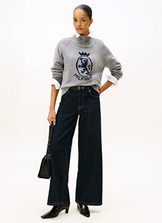 Tommy Hilfiger Dik Yaka Standart Desenli Gri Kazak Kadın WW0WW46434P03