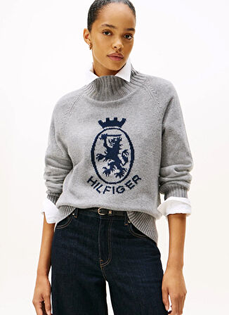 Tommy Hilfiger Dik Yaka Standart Desenli Gri Kazak Kadın WW0WW46434P03