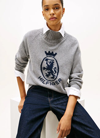 Tommy Hilfiger Dik Yaka Standart Desenli Gri Kazak Kadın WW0WW46434P03