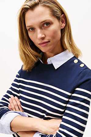 Kadın Regular Fit Omuzu Gold Düğmeli Çizgili Triko Kazak - Lacivert | L