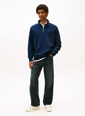 Tommy Jeans Fermuarlı Yaka Lacivert Erkek Sweatshırt DM0DM21880C1G TJM RLX WAFFLE SCRIPT