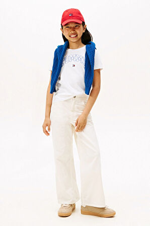 Kız Çocuk Saten Aplikeli Kolej Stili T-Shirt - Beyaz | 8 Yaş