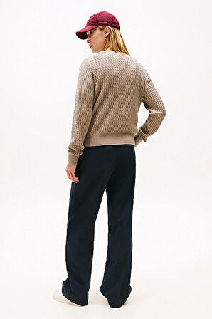 Kadın Bisiklet Yaka Saç Örgülü Pamuklu Triko Kazak - Vizon | XS