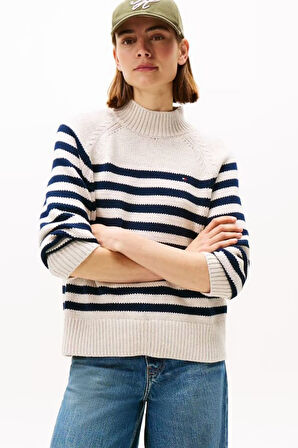 Kadın Regular Fit Yarım Balıkçı Yaka Çizgili Triko Kazak - Krem/Lacivert | S