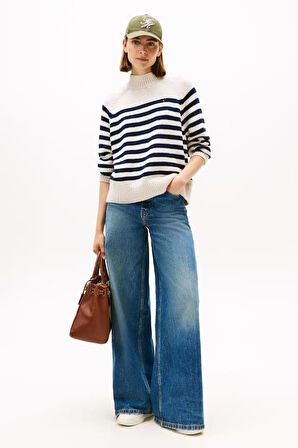 Kadın Regular Fit Yarım Balıkçı Yaka Çizgili Triko Kazak - Krem/Lacivert | S