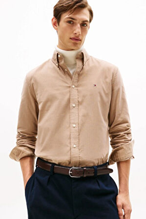 Erkek Regular Fit Düğmeli Yaka Kadife Gömlek - Bej | M