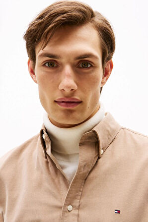 Erkek Regular Fit Düğmeli Yaka Kadife Gömlek - Bej | M