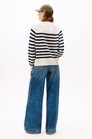 Kadın Regular Fit Yarım Balıkçı Yaka Çizgili Triko Kazak - Krem/Lacivert | M