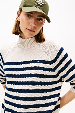 Kadın Regular Fit Yarım Balıkçı Yaka Çizgili Triko Kazak - Krem/Lacivert | M