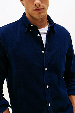 Erkek Regular Fit Düğmeli Yaka Kadife Gömlek - Lacivert | L