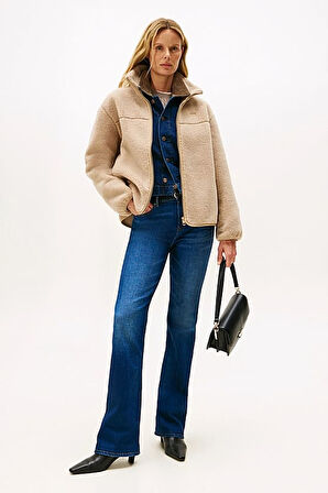 Kadın Regular Fit Dik Yaka Peluş Ceket - Bej | L