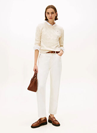 Tommy Hilfiger Yuvarlak Yaka Standart Düz Bej Kazak Kadın WW0WW43586ADK