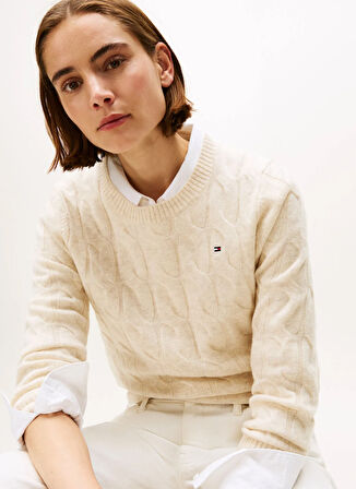 Tommy Hilfiger Yuvarlak Yaka Standart Düz Bej Kazak Kadın WW0WW43586ADK