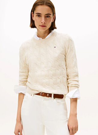 Tommy Hilfiger Yuvarlak Yaka Standart Düz Bej Kazak Kadın WW0WW43586ADK