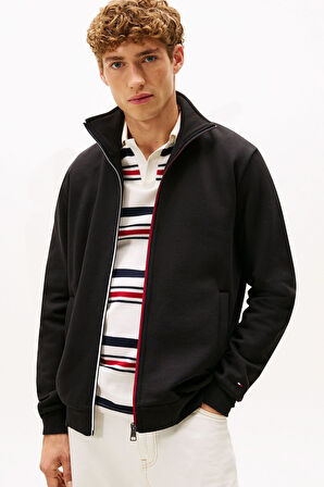 Erkek Global Stripe Şerit Detaylı Dik Yaka Fermuarlı Sweatshirt - Siyah | XS