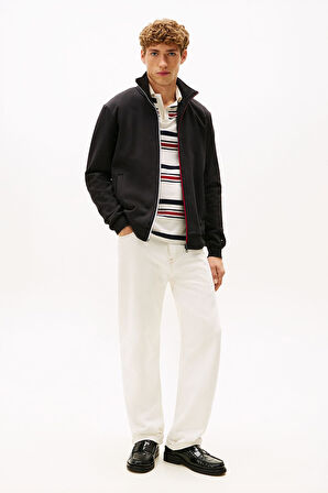Erkek Global Stripe Şerit Detaylı Dik Yaka Fermuarlı Sweatshirt - Siyah | XS