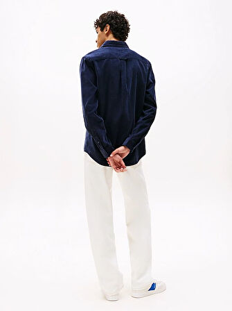 Erkek Regular Kalıp İnce Fitilli Kadife Gömlek - Lacivert | S