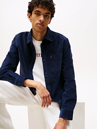 Erkek Regular Kalıp İnce Fitilli Kadife Gömlek - Lacivert | S