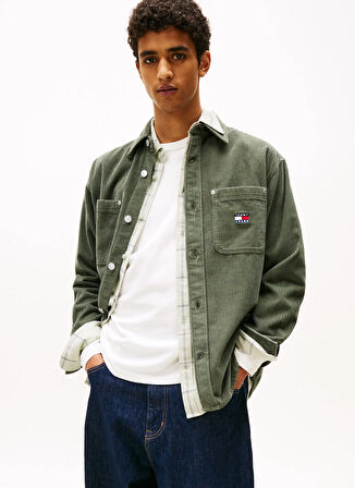 Tommy Jeans Oversized Haki Düz Erkek Gömlek DM0DM22016MRH TJM RLX WASHED CORD S