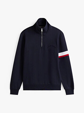 Tommy Hilfiger İkonik Renk Bloklu Eklemeli Yarım Fermuarlı Erkek Mavi Kazak MW0MW40480DW5