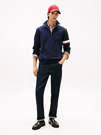 Tommy Hilfiger İkonik Renk Bloklu Eklemeli Yarım Fermuarlı Erkek Mavi Kazak MW0MW40480DW5