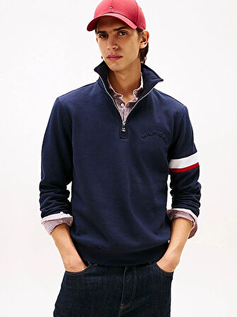 Tommy Hilfiger İkonik Renk Bloklu Eklemeli Yarım Fermuarlı Erkek Mavi Kazak MW0MW40480DW5