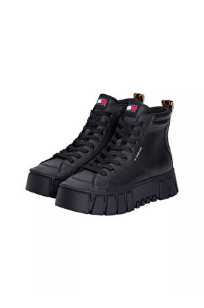 Kadın Leopar Detaylı Platform Tabanlı Bilekli Sneaker - Siyah | 39