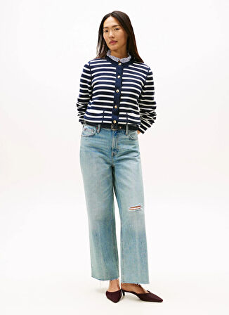 Tommy Hilfiger Yuvarlak Yaka Standart Çizgili Lacivert Kazak Kadın WW0WW408460X4