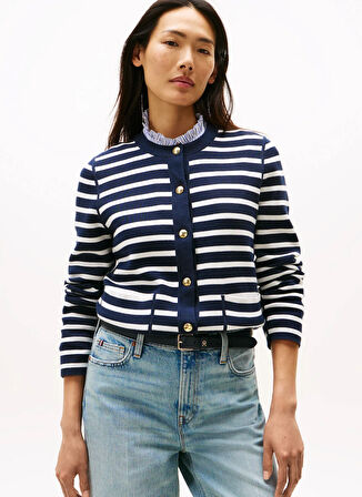 Tommy Hilfiger Yuvarlak Yaka Standart Çizgili Lacivert Kazak Kadın WW0WW408460X4
